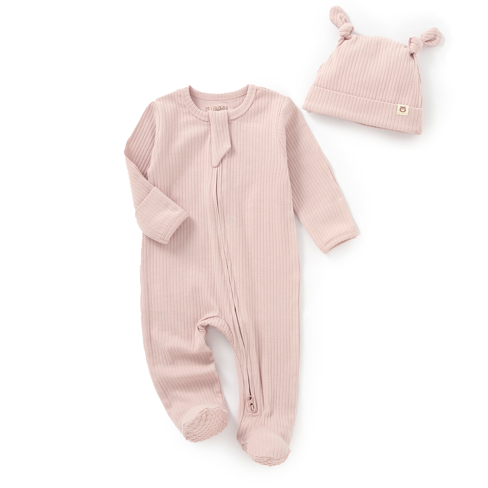 JBØRN Organic Cotton Ribbed Baby Sleep Suit and Hat