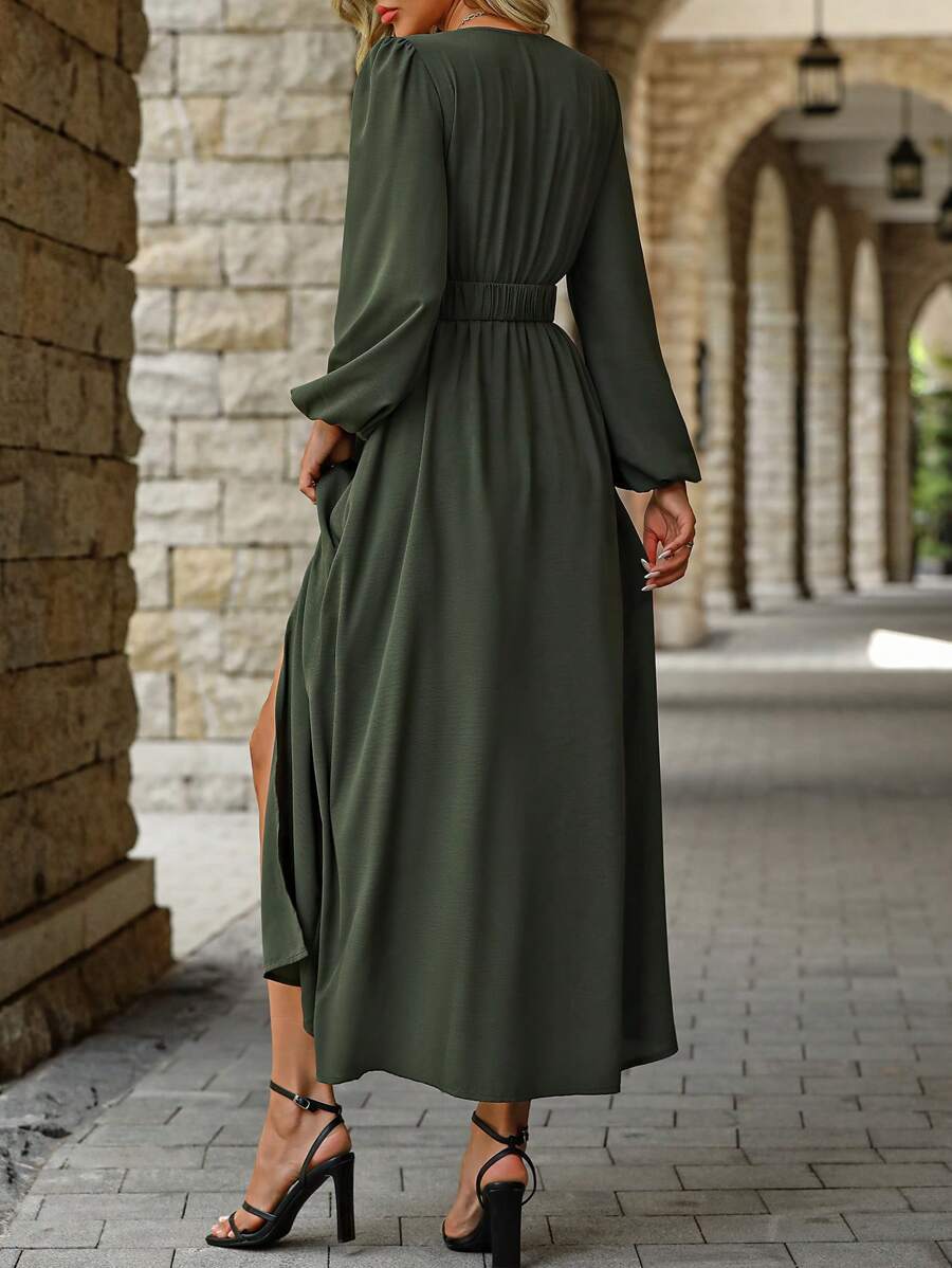 EMERY ROSE Women Solid Color Surplice Neck Lantern Sleeve Elastic Waist High Slit Dress Maxi Women Outfit Fall Cloth For Women