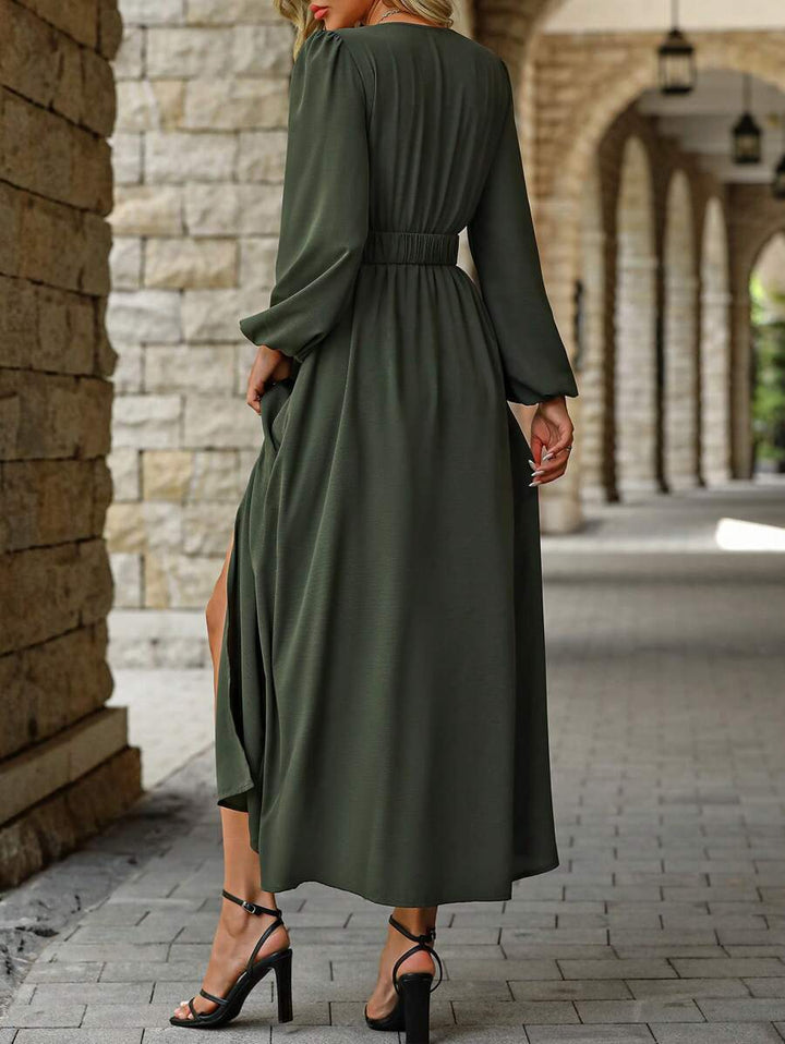 EMERY ROSE Women Solid Color Surplice Neck Lantern Sleeve Elastic Waist High Slit Dress Maxi Women Outfit Fall Cloth For Women