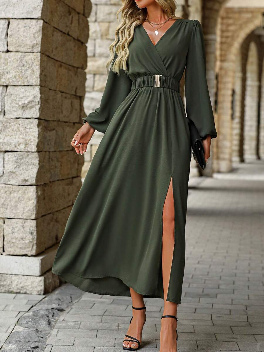 EMERY ROSE Women Solid Color Surplice Neck Lantern Sleeve Elastic Waist High Slit Dress Maxi Women Outfit Fall Cloth For Women