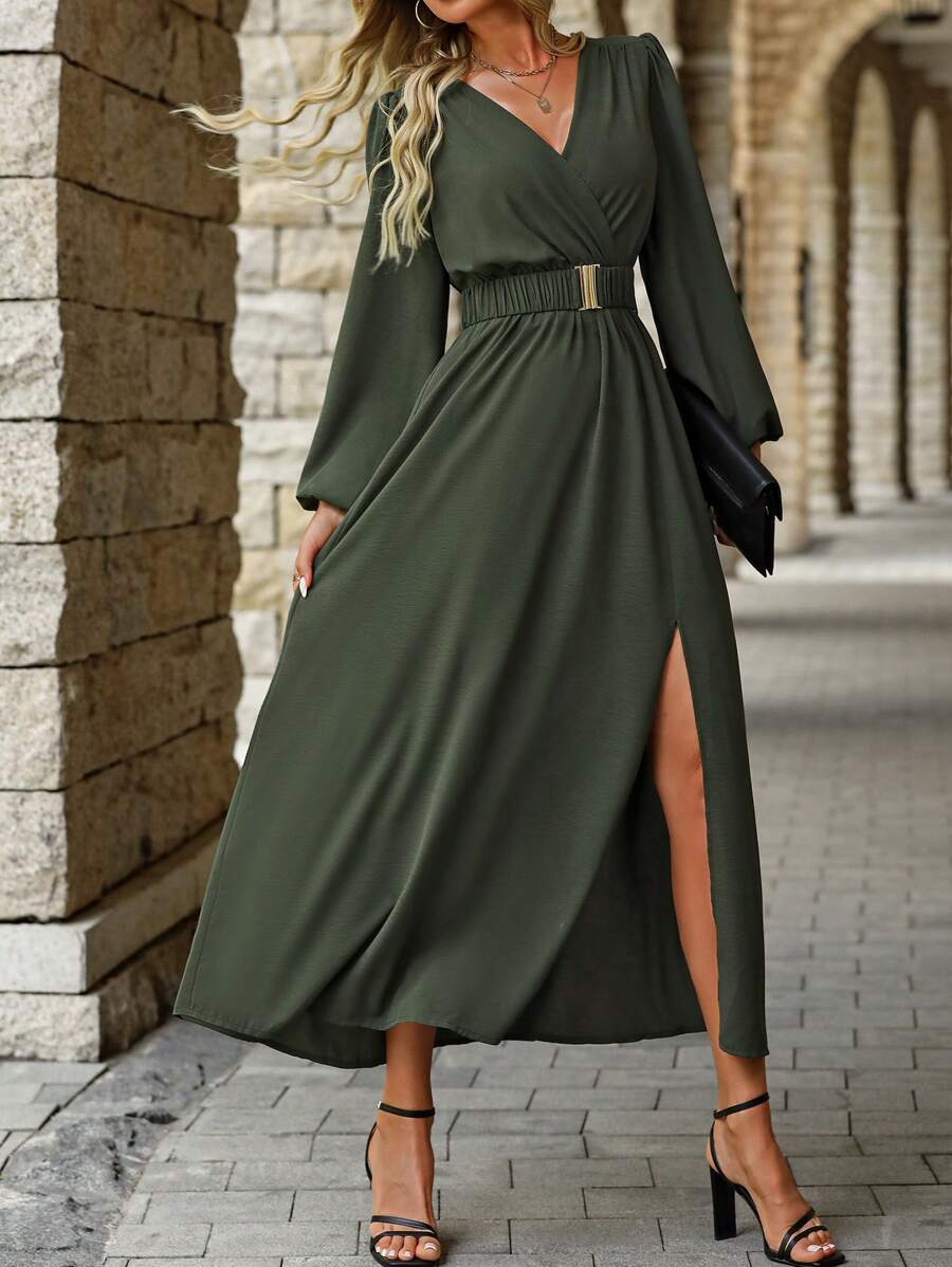 EMERY ROSE Women Solid Color Surplice Neck Lantern Sleeve Elastic Waist High Slit Dress Maxi Women Outfit Fall Cloth For Women