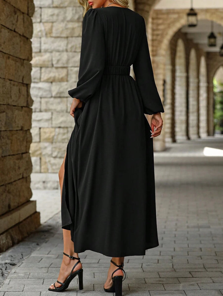 EMERY ROSE Women Solid Color Surplice Neck Lantern Sleeve Elastic Waist High Slit Dress Maxi Women Outfit Fall Cloth For Women