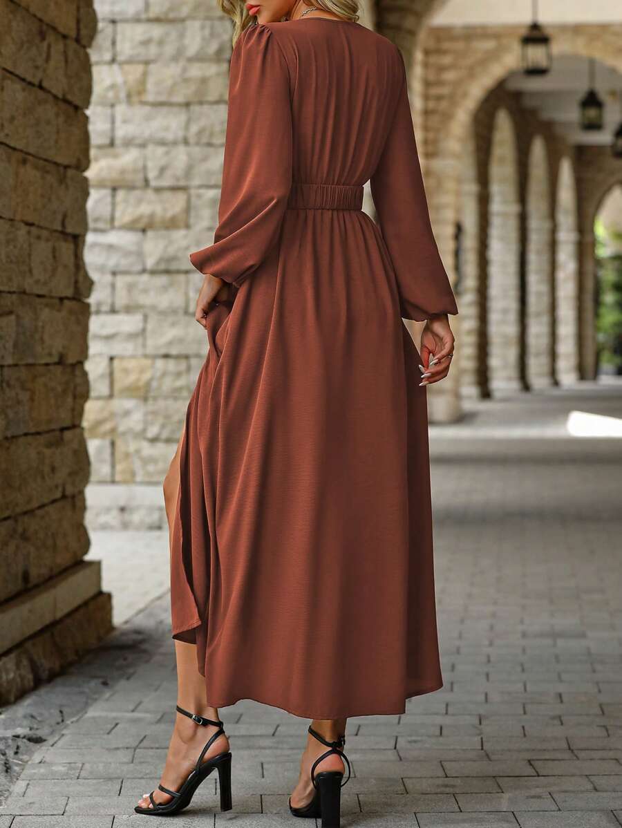 EMERY ROSE Women Solid Color Surplice Neck Lantern Sleeve Elastic Waist High Slit Dress Maxi Women Outfit Fall Cloth For Women