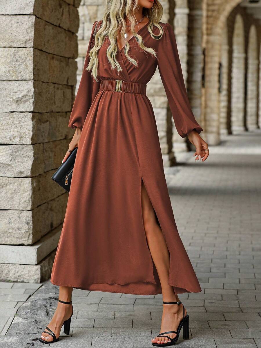 EMERY ROSE Women Solid Color Surplice Neck Lantern Sleeve Elastic Waist High Slit Dress Maxi Women Outfit Fall Cloth For Women