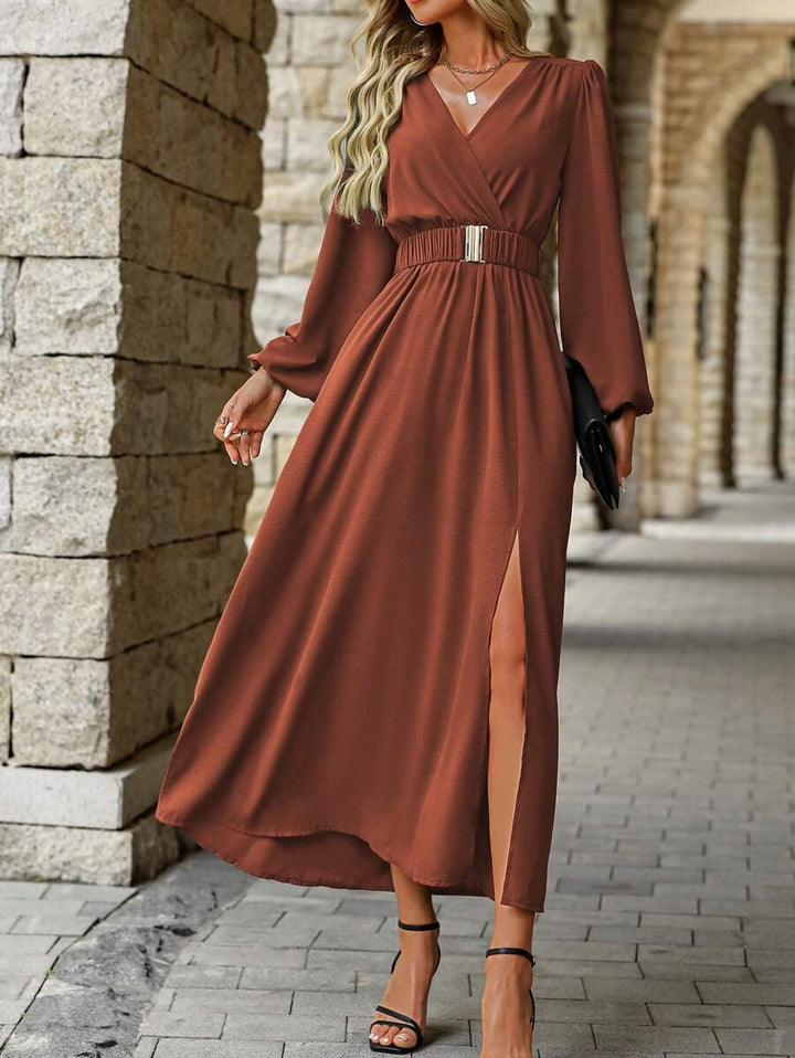 EMERY ROSE Women Solid Color Surplice Neck Lantern Sleeve Elastic Waist High Slit Dress Maxi Women Outfit Fall Cloth For Women