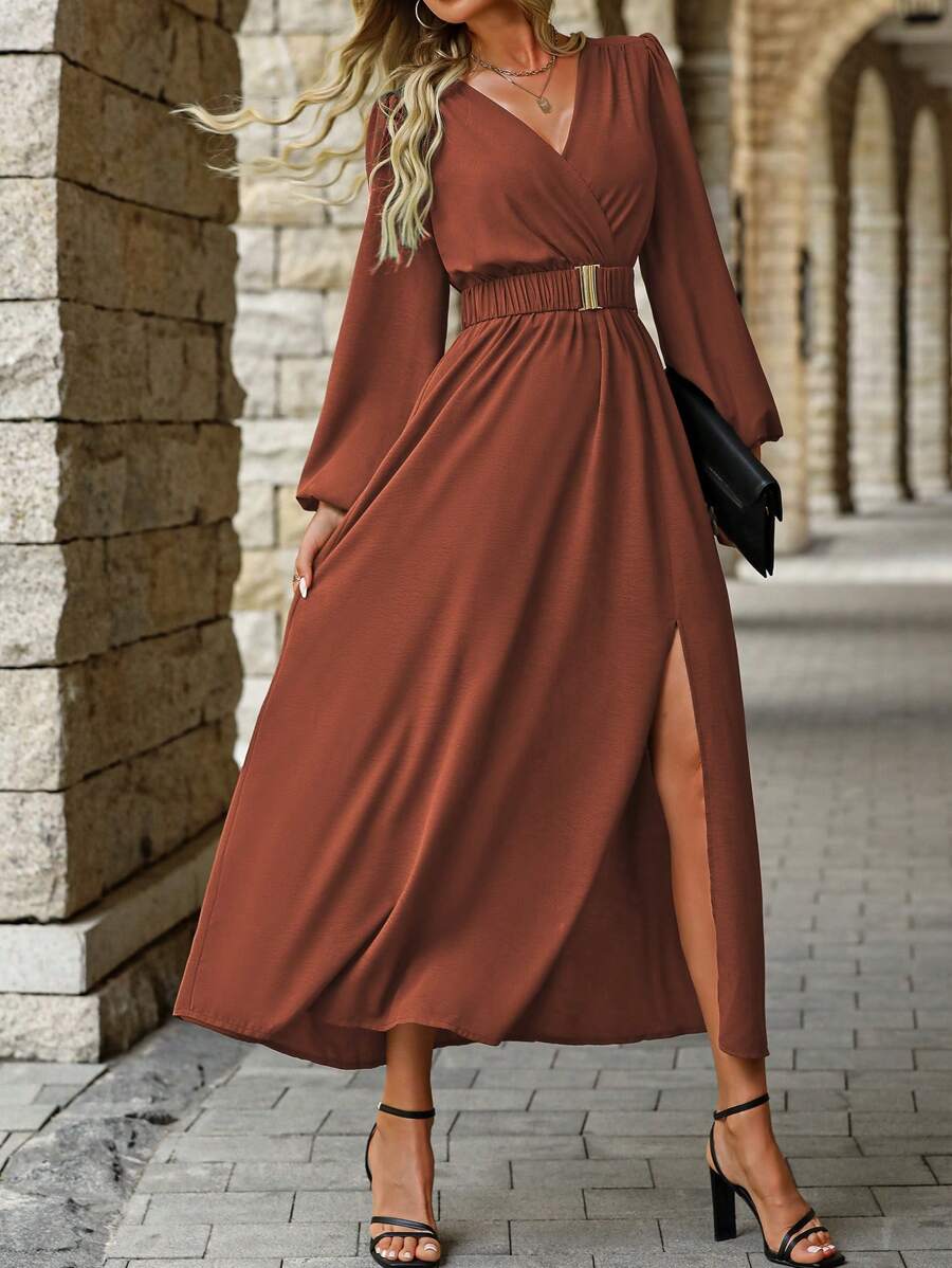 EMERY ROSE Women Solid Color Surplice Neck Lantern Sleeve Elastic Waist High Slit Dress Maxi Women Outfit Fall Cloth For Women