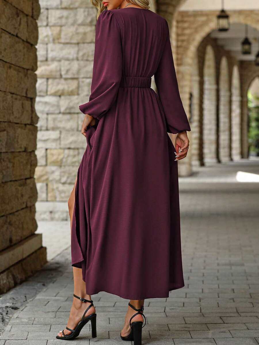 EMERY ROSE Women Solid Color Surplice Neck Lantern Sleeve Elastic Waist High Slit Dress Maxi Women Outfit Fall Cloth For Women