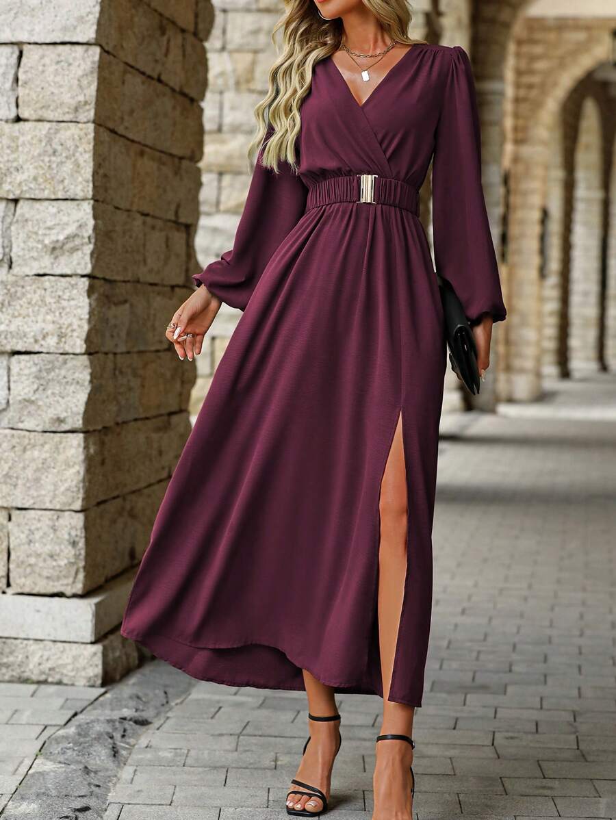 EMERY ROSE Women Solid Color Surplice Neck Lantern Sleeve Elastic Waist High Slit Dress Maxi Women Outfit Fall Cloth For Women