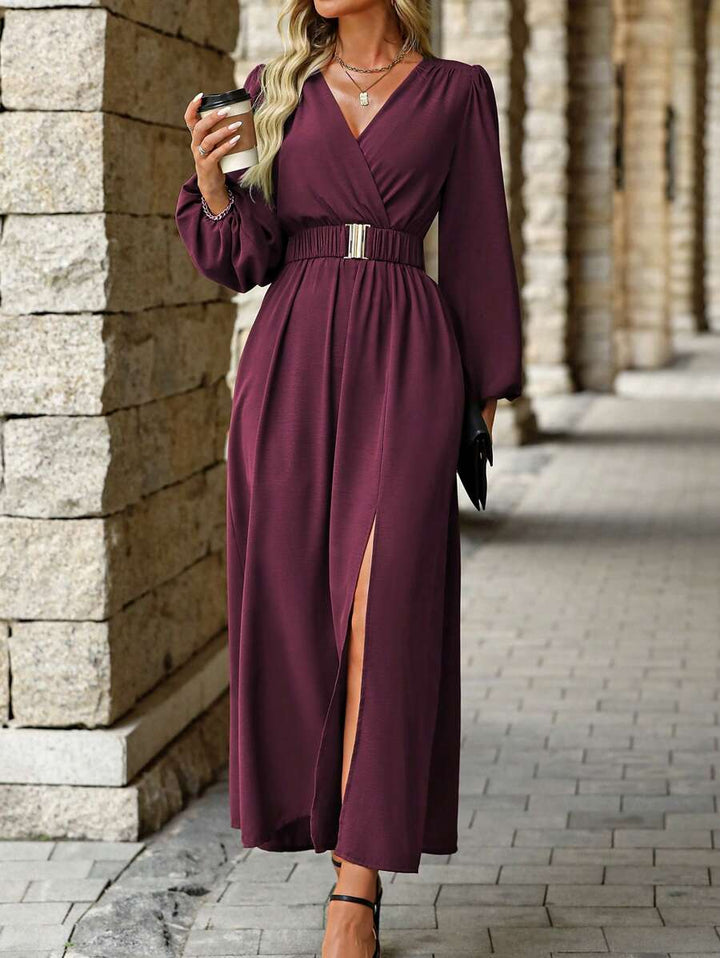 EMERY ROSE Women Solid Color Surplice Neck Lantern Sleeve Elastic Waist High Slit Dress Maxi Women Outfit Fall Cloth For Women