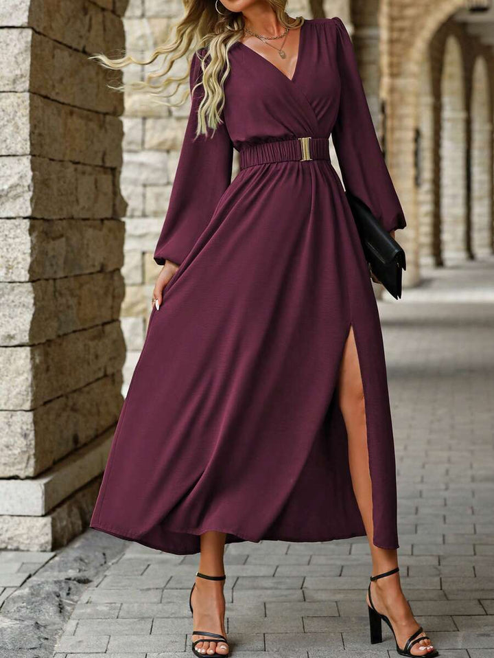 EMERY ROSE Women Solid Color Surplice Neck Lantern Sleeve Elastic Waist High Slit Dress Maxi Women Outfit Fall Cloth For Women