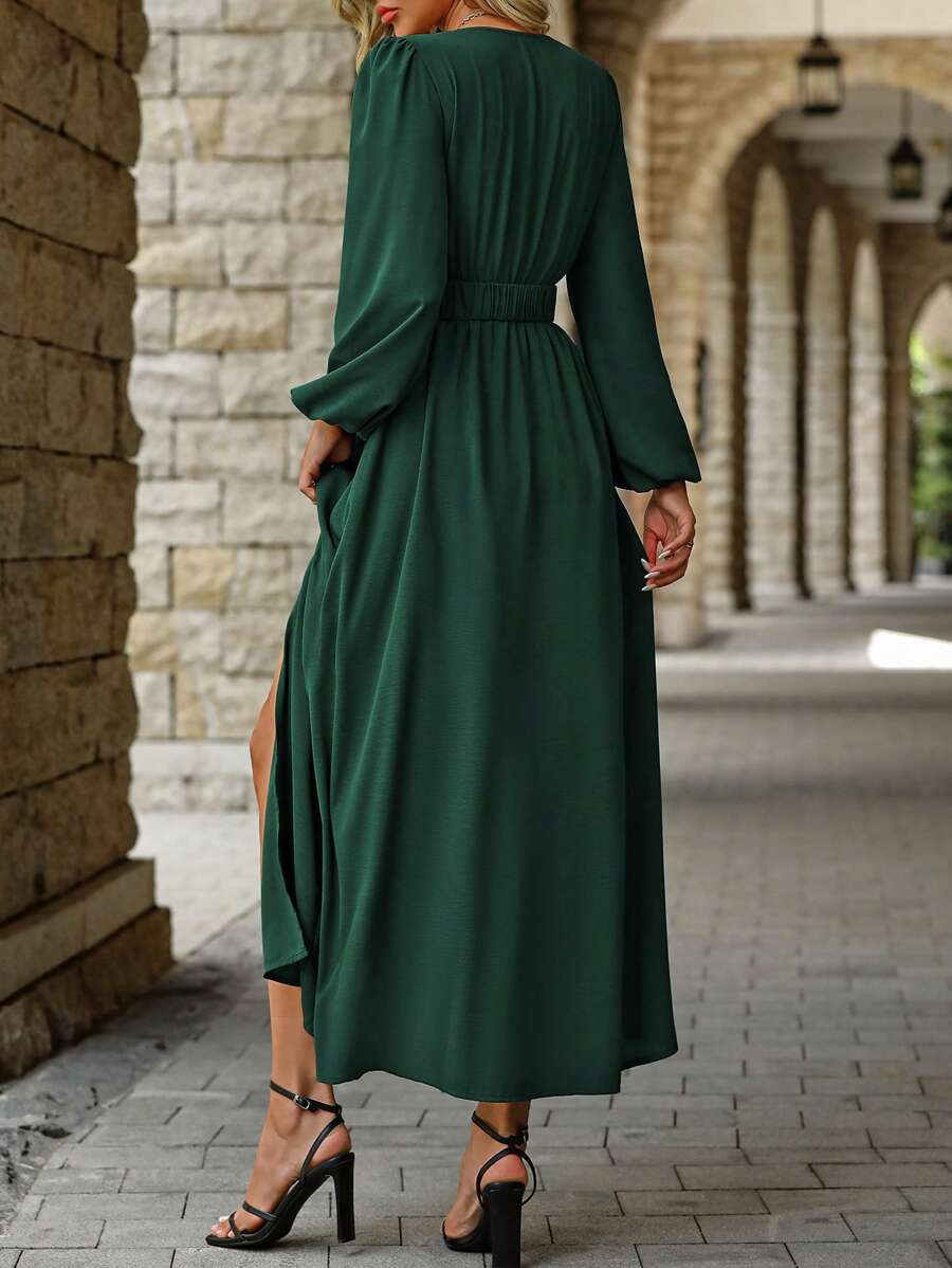 EMERY ROSE Women Solid Color Surplice Neck Lantern Sleeve Elastic Waist High Slit Dress Maxi Women Outfit Fall Cloth For Women