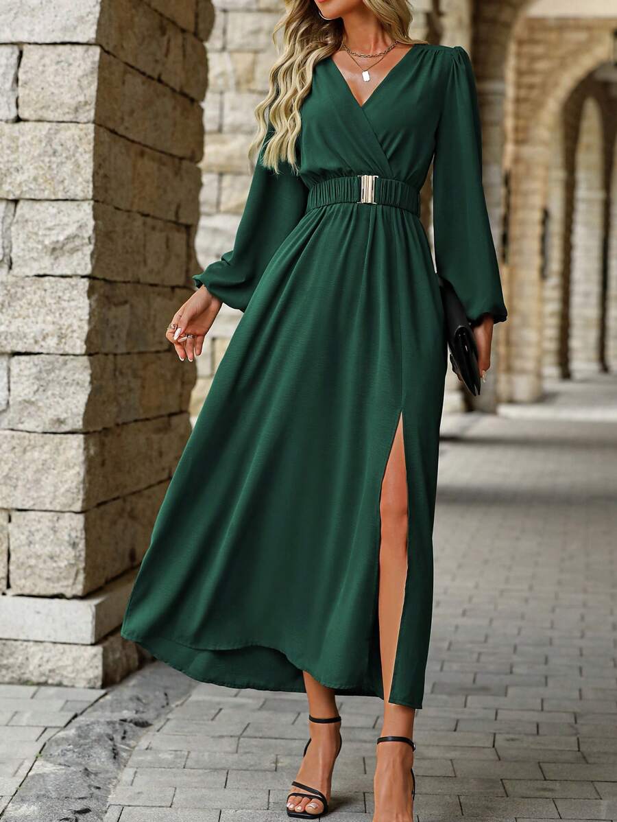 EMERY ROSE Women Solid Color Surplice Neck Lantern Sleeve Elastic Waist High Slit Dress Maxi Women Outfit Fall Cloth For Women