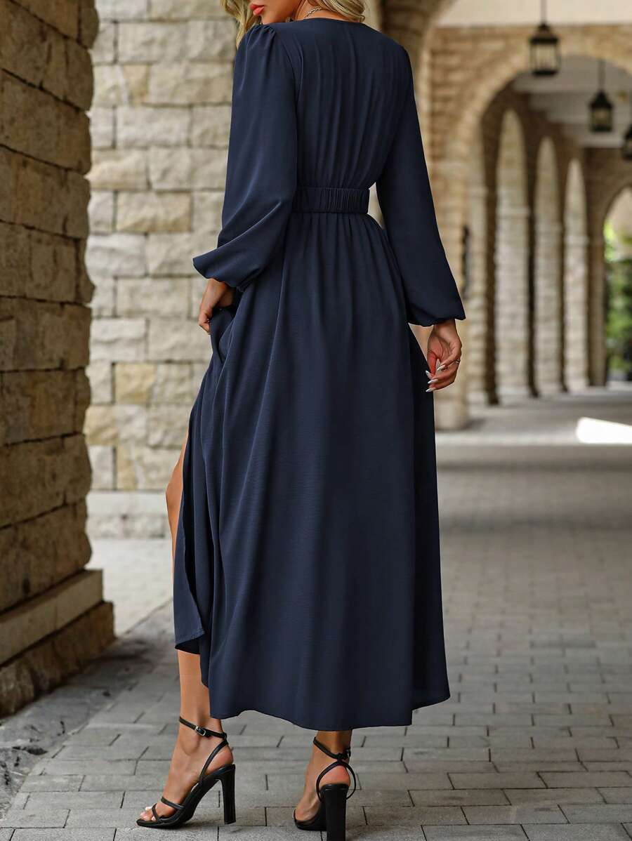 EMERY ROSE Women Solid Color Surplice Neck Lantern Sleeve Elastic Waist High Slit Dress Maxi Women Outfit Fall Cloth For Women