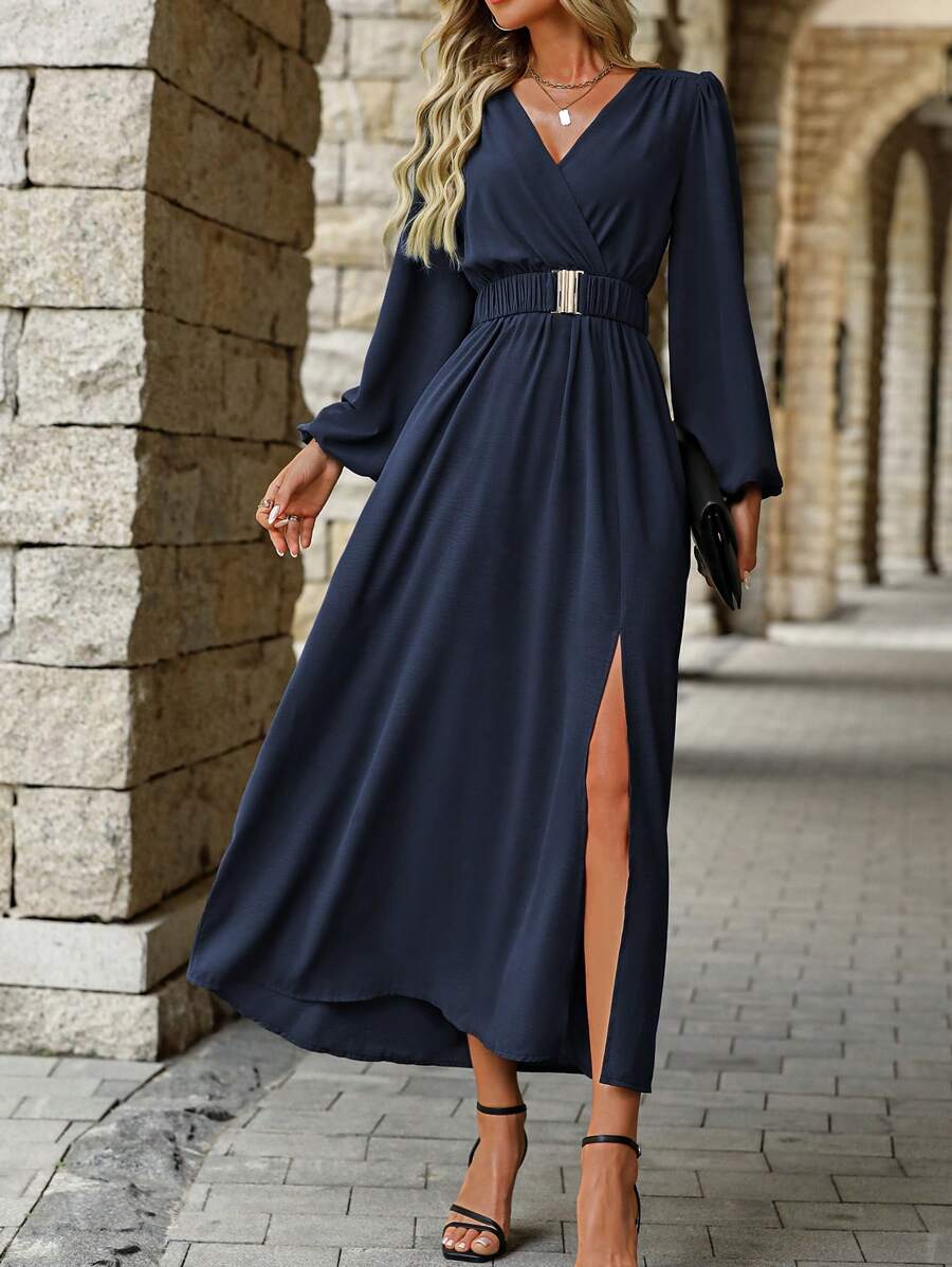 EMERY ROSE Women Solid Color Surplice Neck Lantern Sleeve Elastic Waist High Slit Dress Maxi Women Outfit Fall Cloth For Women