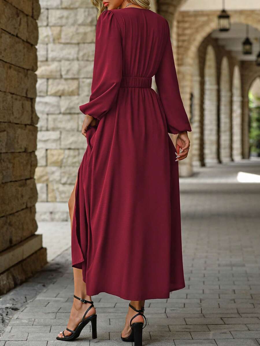 EMERY ROSE Women Solid Color Surplice Neck Lantern Sleeve Elastic Waist High Slit Dress Maxi Women Outfit Fall Cloth For Women