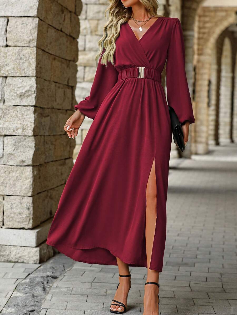 EMERY ROSE Women Solid Color Surplice Neck Lantern Sleeve Elastic Waist High Slit Dress Maxi Women Outfit Fall Cloth For Women