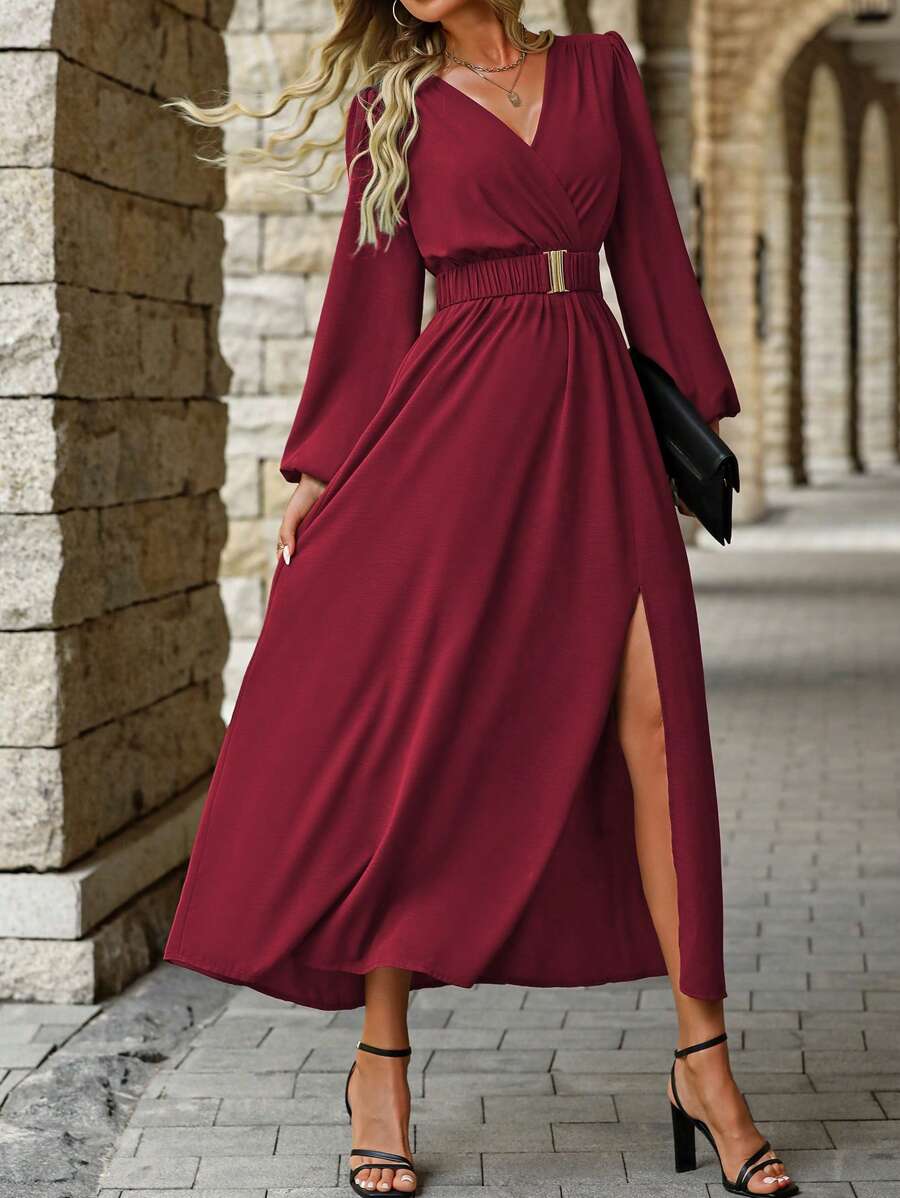 EMERY ROSE Women Solid Color Surplice Neck Lantern Sleeve Elastic Waist High Slit Dress Maxi Women Outfit Fall Cloth For Women