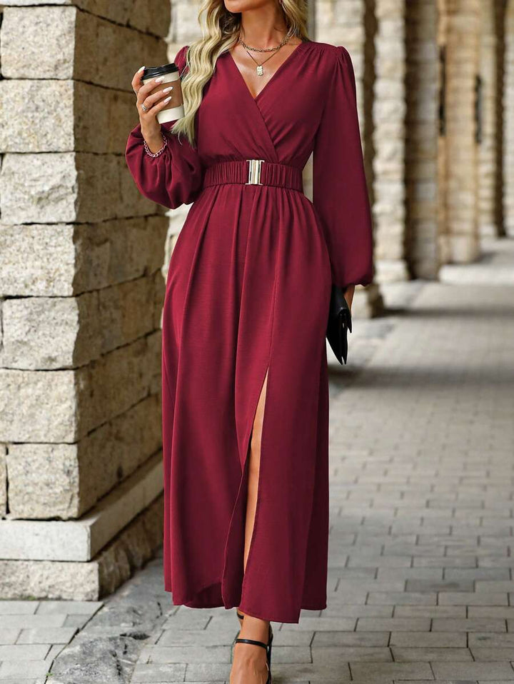 EMERY ROSE Women Solid Color Surplice Neck Lantern Sleeve Elastic Waist High Slit Dress Maxi Women Outfit Fall Cloth For Women