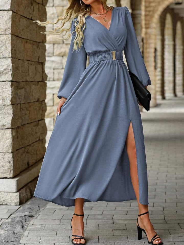 EMERY ROSE Women Solid Color Surplice Neck Lantern Sleeve Elastic Waist High Slit Dress Maxi Women Outfit Fall Cloth For Women