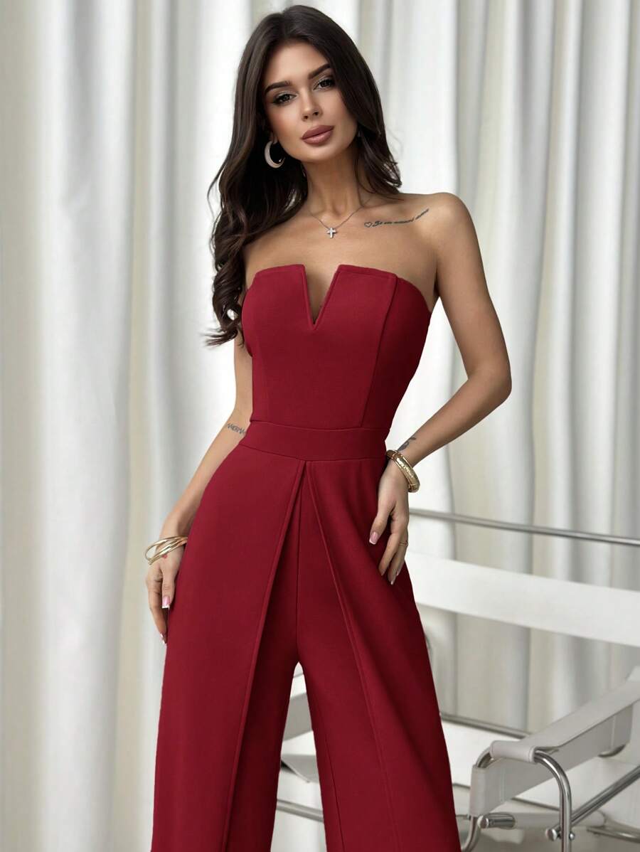 Firerie Women's Elegant & Burgundy Red Fitted Jumpsuit,Summer Seductive Party Fashionable Commuting Style,Suitable For Vacation,Date And Wedding