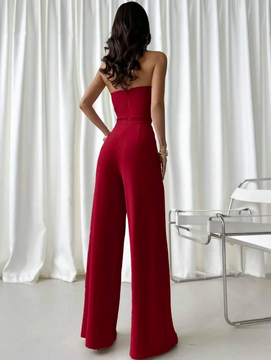 Firerie Women's Elegant & Burgundy Red Fitted Jumpsuit,Summer Seductive Party Fashionable Commuting Style,Suitable For Vacation,Date And Wedding