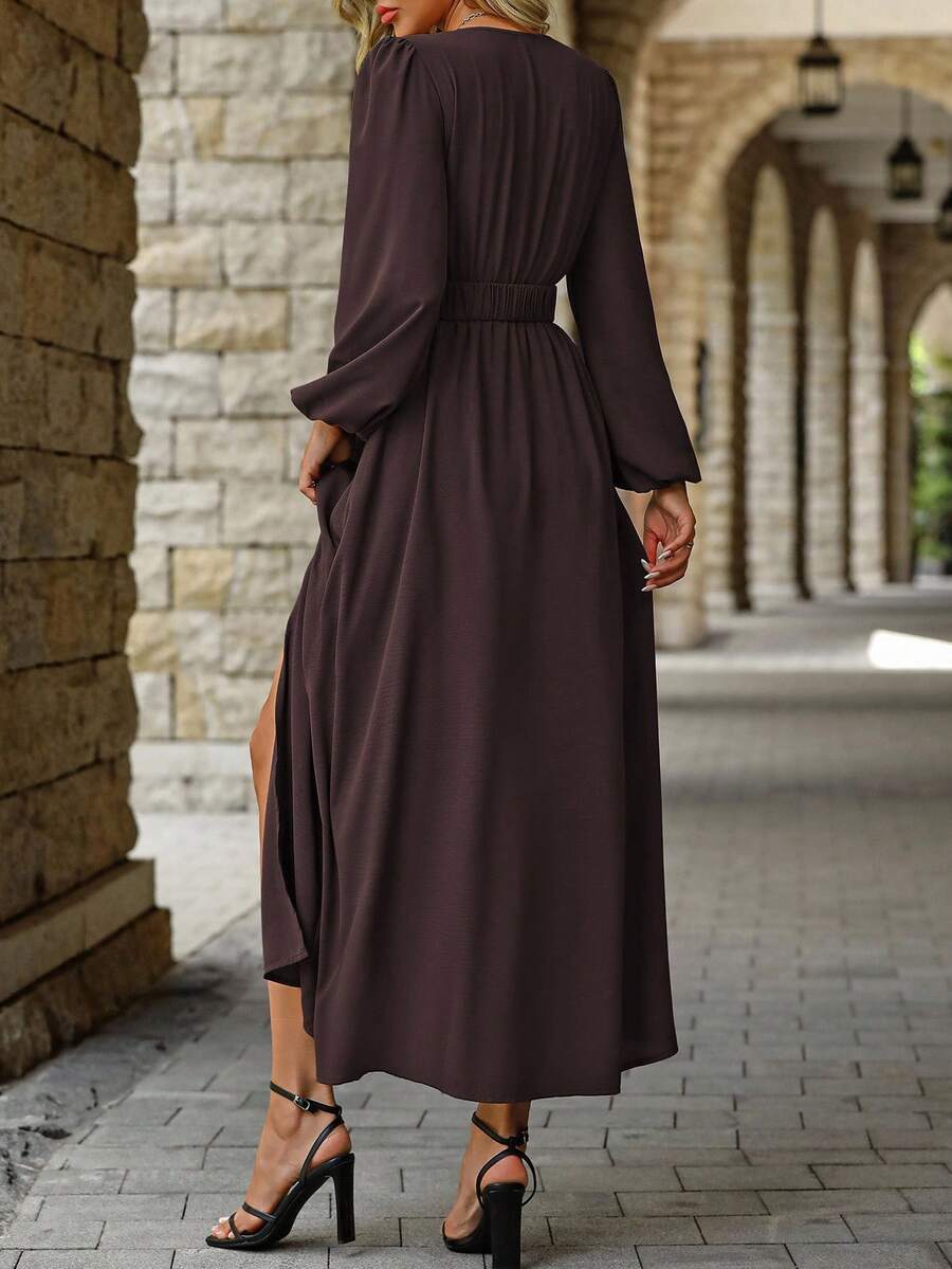 EMERY ROSE Women Solid Color Surplice Neck Lantern Sleeve Elastic Waist High Slit Dress Maxi Women Outfit Fall Cloth For Women