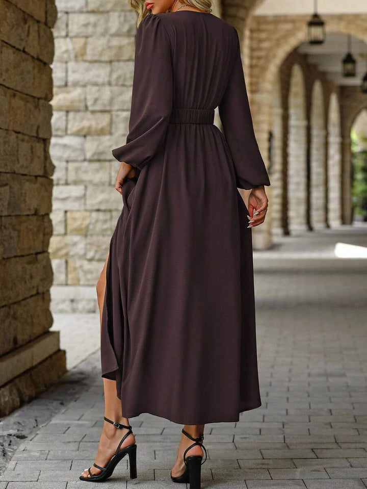 EMERY ROSE Women Solid Color Surplice Neck Lantern Sleeve Elastic Waist High Slit Dress Maxi Women Outfit Fall Cloth For Women