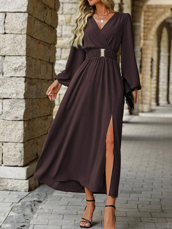 EMERY ROSE Women Solid Color Surplice Neck Lantern Sleeve Elastic Waist High Slit Dress Maxi Women Outfit Fall Cloth For Women
