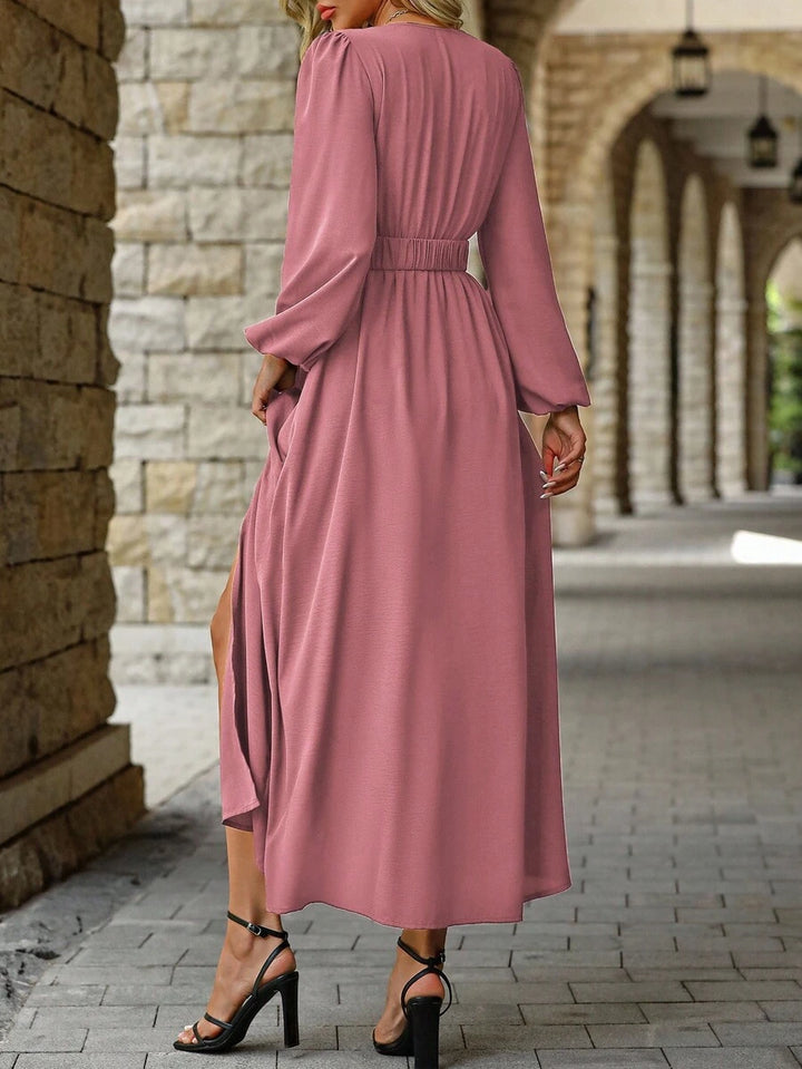 EMERY ROSE Women Solid Color Surplice Neck Lantern Sleeve Elastic Waist High Slit Dress Maxi Women Outfit Fall Cloth For Women