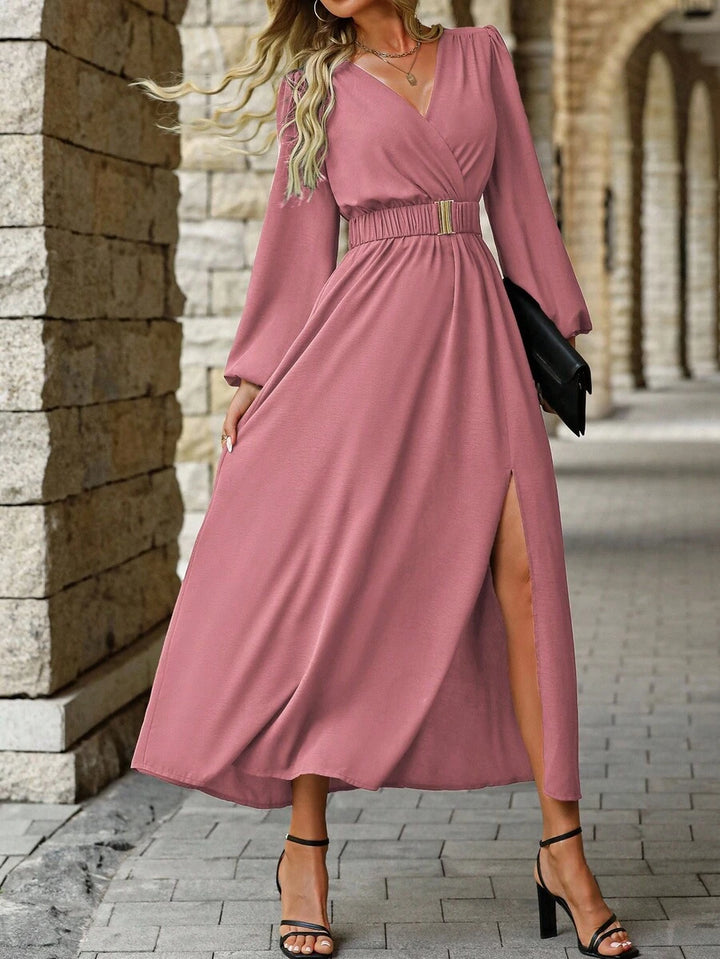 EMERY ROSE Women Solid Color Surplice Neck Lantern Sleeve Elastic Waist High Slit Dress Maxi Women Outfit Fall Cloth For Women