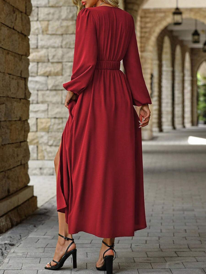 EMERY ROSE Women Solid Color Surplice Neck Lantern Sleeve Elastic Waist High Slit Dress Maxi Women Outfit Fall Cloth For Women