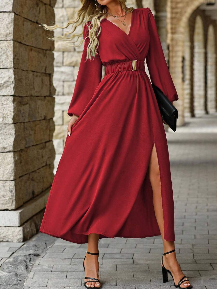 EMERY ROSE Women Solid Color Surplice Neck Lantern Sleeve Elastic Waist High Slit Dress Maxi Women Outfit Fall Cloth For Women