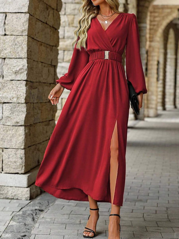 EMERY ROSE Women Solid Color Surplice Neck Lantern Sleeve Elastic Waist High Slit Dress Maxi Women Outfit Fall Cloth For Women