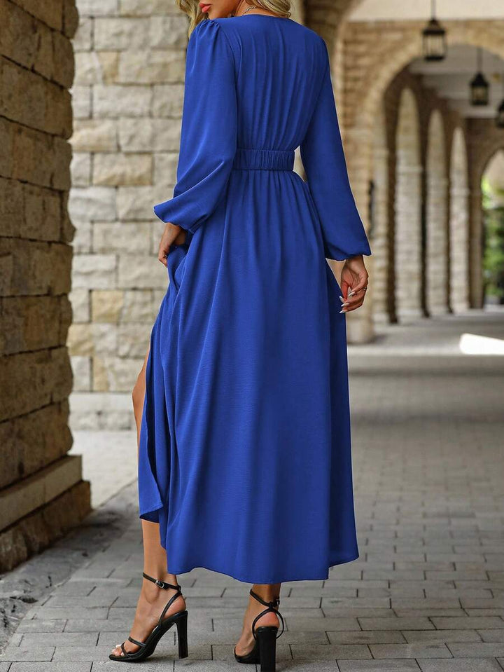EMERY ROSE Women Solid Color Surplice Neck Lantern Sleeve Elastic Waist High Slit Dress Maxi Women Outfit Fall Cloth For Women