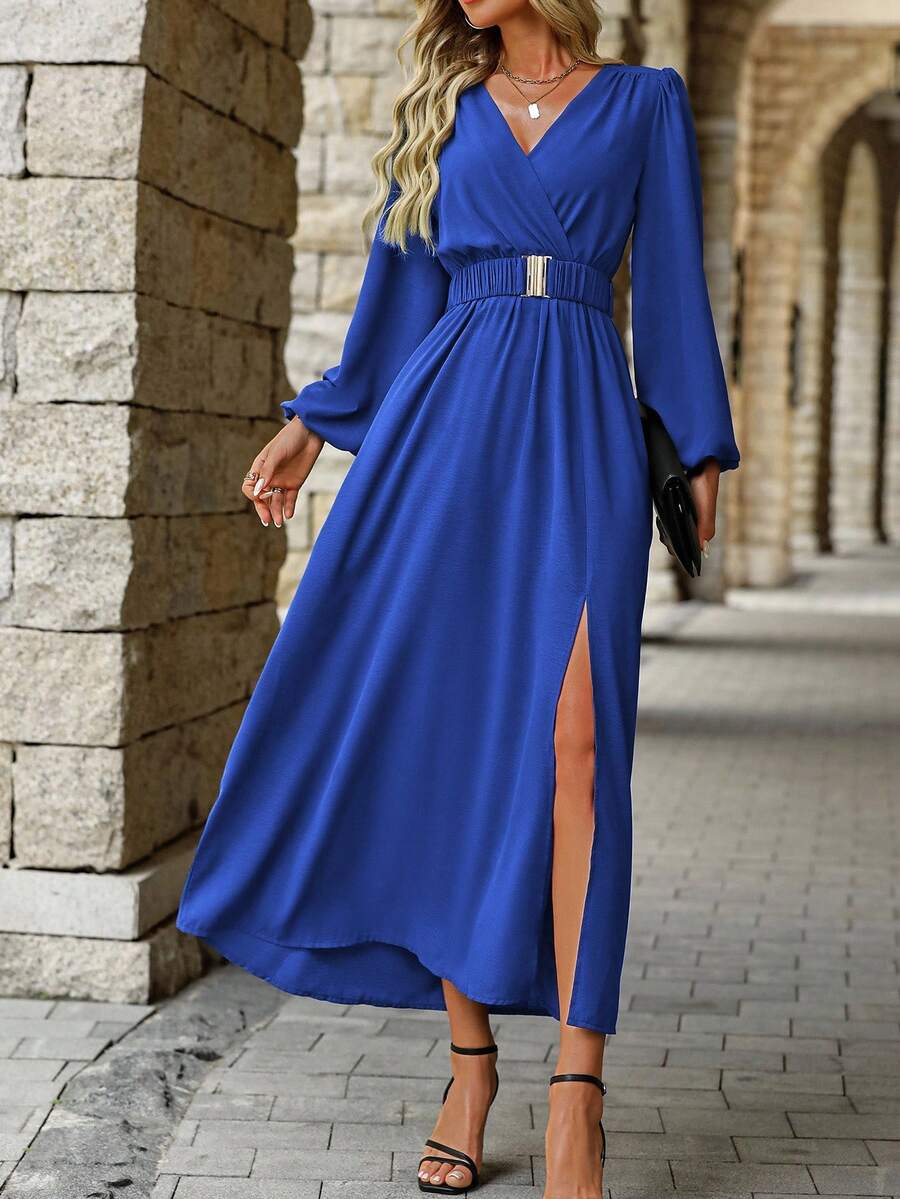 EMERY ROSE Women Solid Color Surplice Neck Lantern Sleeve Elastic Waist High Slit Dress Maxi Women Outfit Fall Cloth For Women