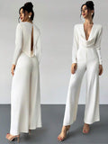 Firerie Elegant Burgundy Autumn Night Out Dinner Date Deep V-Neck Backless Waist-Cinched Long Sleeved Wide Leg Pants For Cocktail Evening Party Wedding