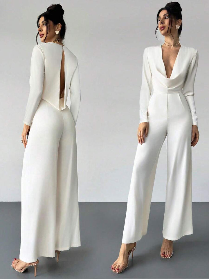 Firerie Elegant Burgundy Autumn Night Out Dinner Date Deep V-Neck Backless Waist-Cinched Long Sleeved Wide Leg Pants For Cocktail Evening Party Wedding