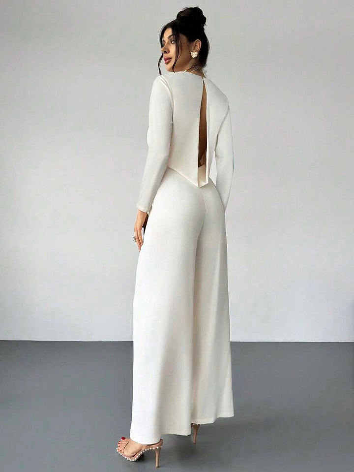 Firerie Elegant Burgundy Autumn Night Out Dinner Date Deep V-Neck Backless Waist-Cinched Long Sleeved Wide Leg Pants For Cocktail Evening Party Wedding