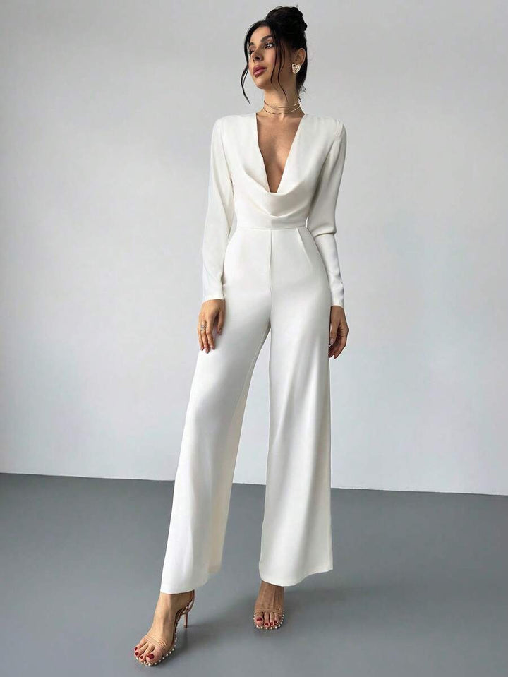 Firerie Elegant Burgundy Autumn Night Out Dinner Date Deep V-Neck Backless Waist-Cinched Long Sleeved Wide Leg Pants For Cocktail Evening Party Wedding