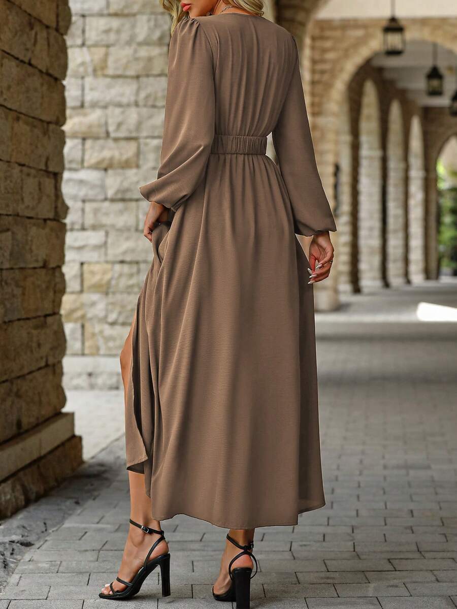 EMERY ROSE Women Solid Color Surplice Neck Lantern Sleeve Elastic Waist High Slit Dress Maxi Women Outfit Fall Cloth For Women