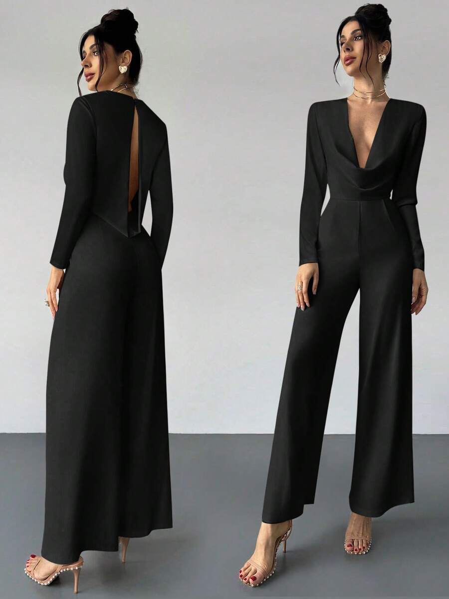 Firerie Elegant Burgundy Autumn Night Out Dinner Date Deep V-Neck Backless Waist-Cinched Long Sleeved Wide Leg Pants For Cocktail Evening Party Wedding