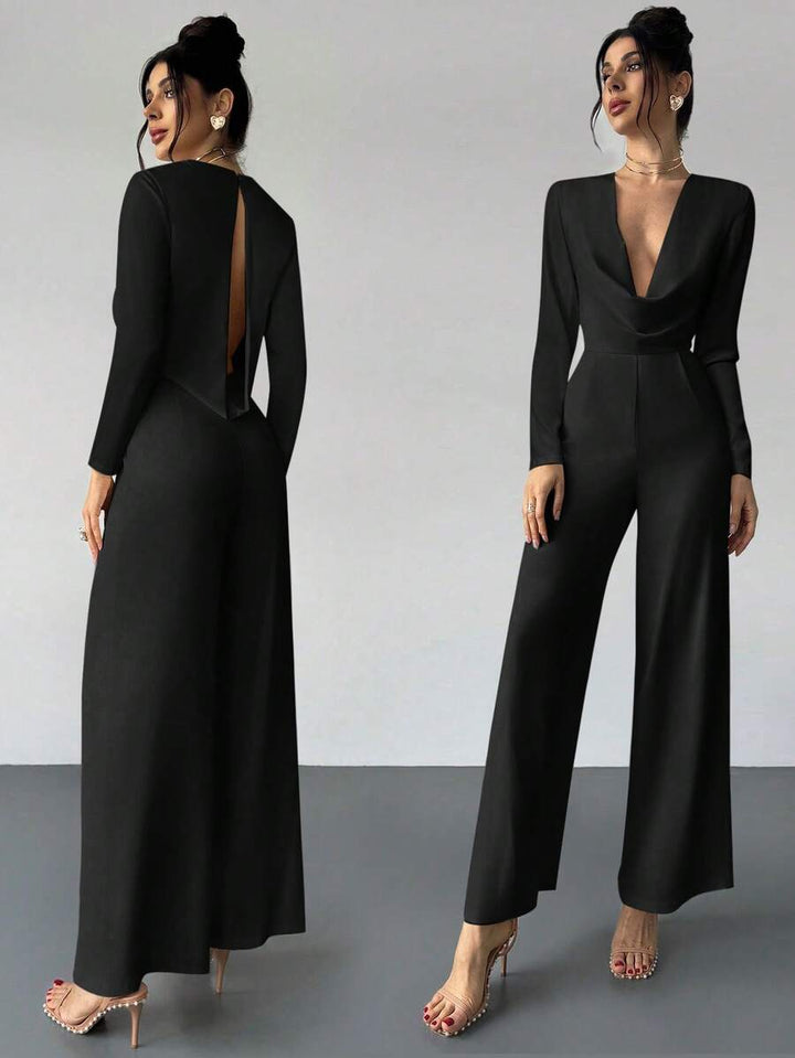 Firerie Elegant Burgundy Autumn Night Out Dinner Date Deep V-Neck Backless Waist-Cinched Long Sleeved Wide Leg Pants For Cocktail Evening Party Wedding