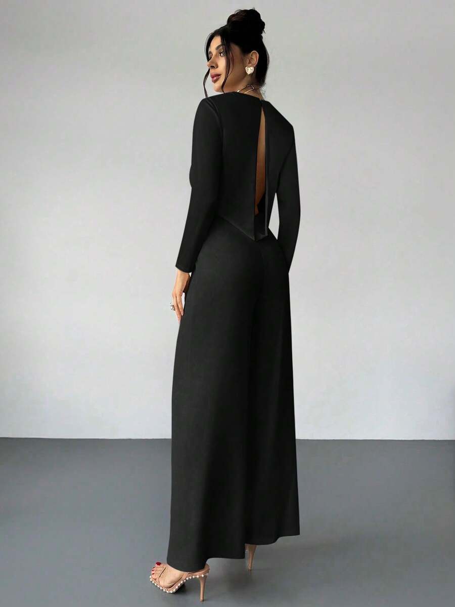 Firerie Elegant Burgundy Autumn Night Out Dinner Date Deep V-Neck Backless Waist-Cinched Long Sleeved Wide Leg Pants For Cocktail Evening Party Wedding