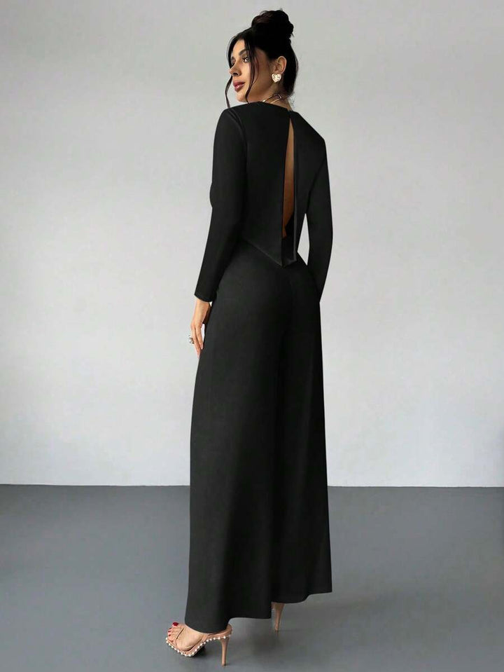 Firerie Elegant Burgundy Autumn Night Out Dinner Date Deep V-Neck Backless Waist-Cinched Long Sleeved Wide Leg Pants For Cocktail Evening Party Wedding