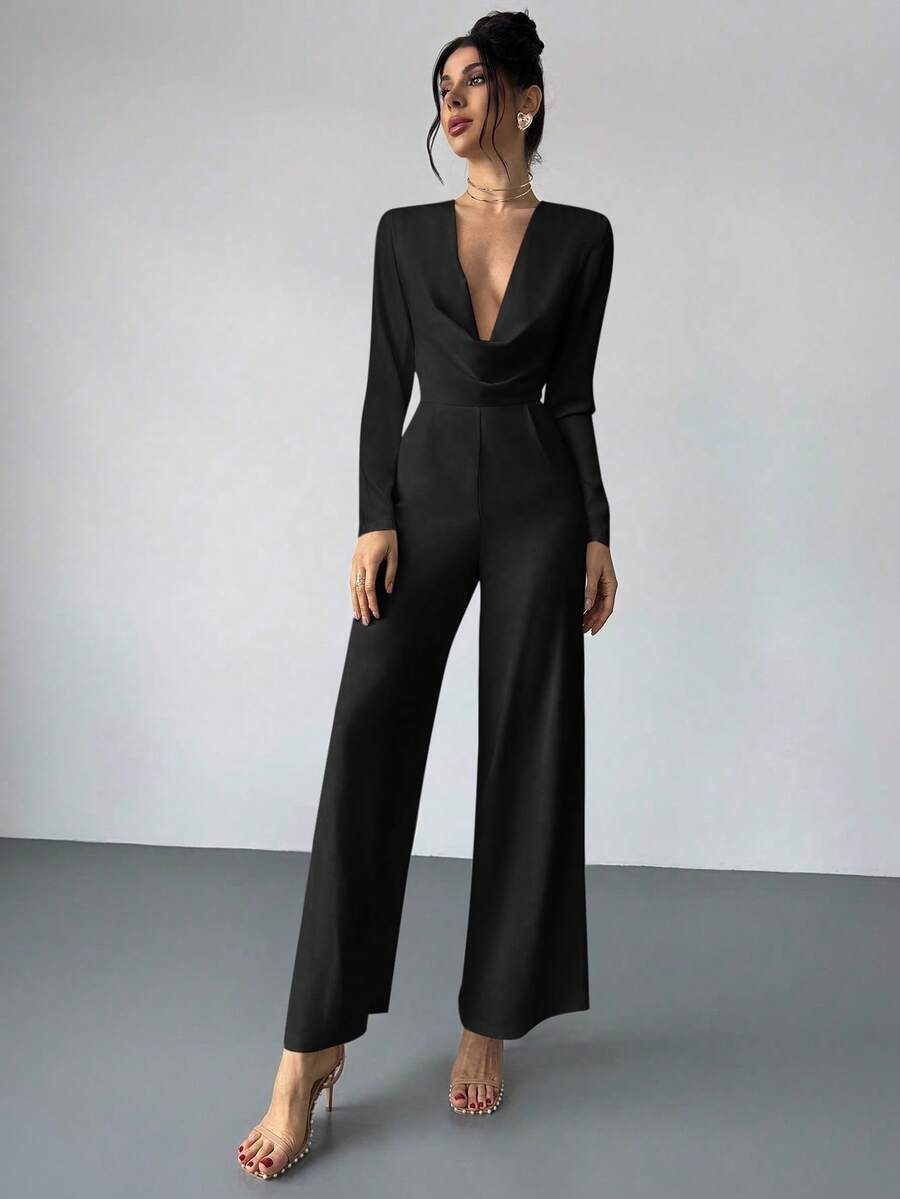 Firerie Elegant Burgundy Autumn Night Out Dinner Date Deep V-Neck Backless Waist-Cinched Long Sleeved Wide Leg Pants For Cocktail Evening Party Wedding