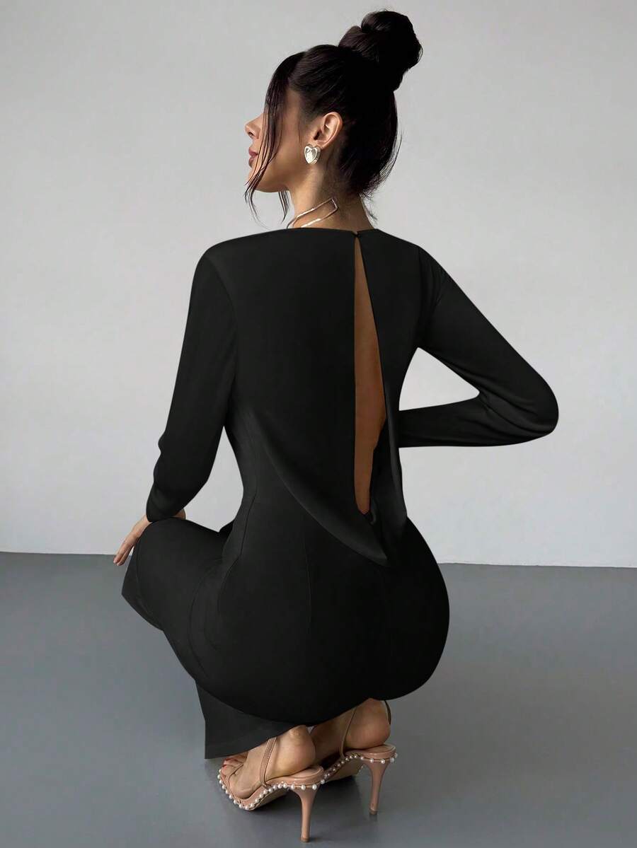 Firerie Elegant Burgundy Autumn Night Out Dinner Date Deep V-Neck Backless Waist-Cinched Long Sleeved Wide Leg Pants For Cocktail Evening Party Wedding