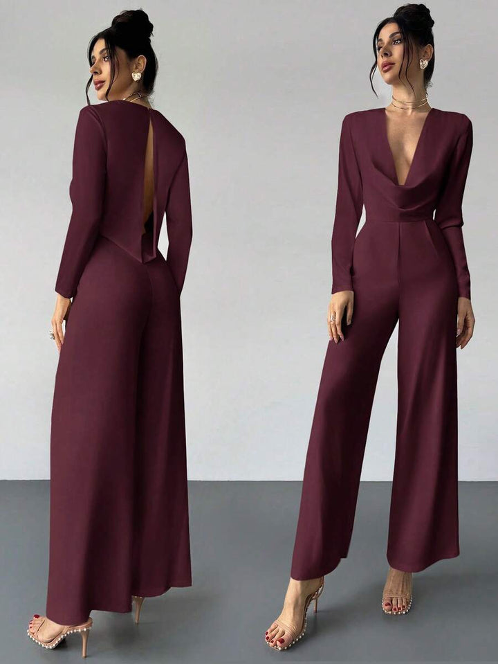Firerie Elegant Burgundy Autumn Night Out Dinner Date Deep V-Neck Backless Waist-Cinched Long Sleeved Wide Leg Pants For Cocktail Evening Party Wedding