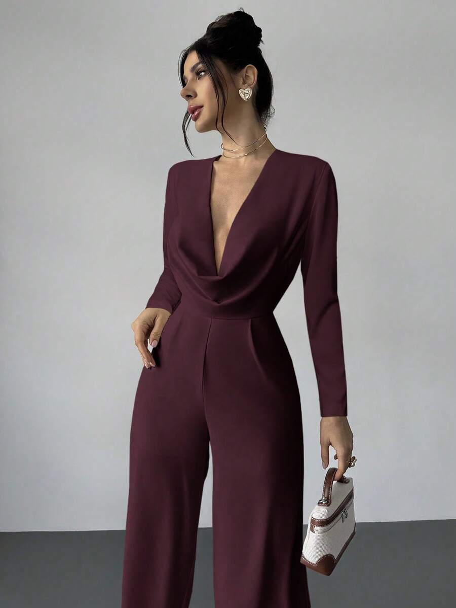 Firerie Elegant Burgundy Autumn Night Out Dinner Date Deep V-Neck Backless Waist-Cinched Long Sleeved Wide Leg Pants For Cocktail Evening Party Wedding