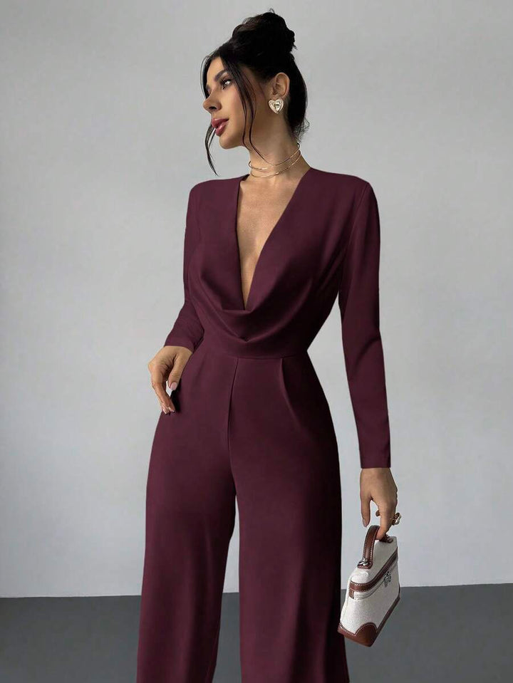 Firerie Elegant Burgundy Autumn Night Out Dinner Date Deep V-Neck Backless Waist-Cinched Long Sleeved Wide Leg Pants For Cocktail Evening Party Wedding