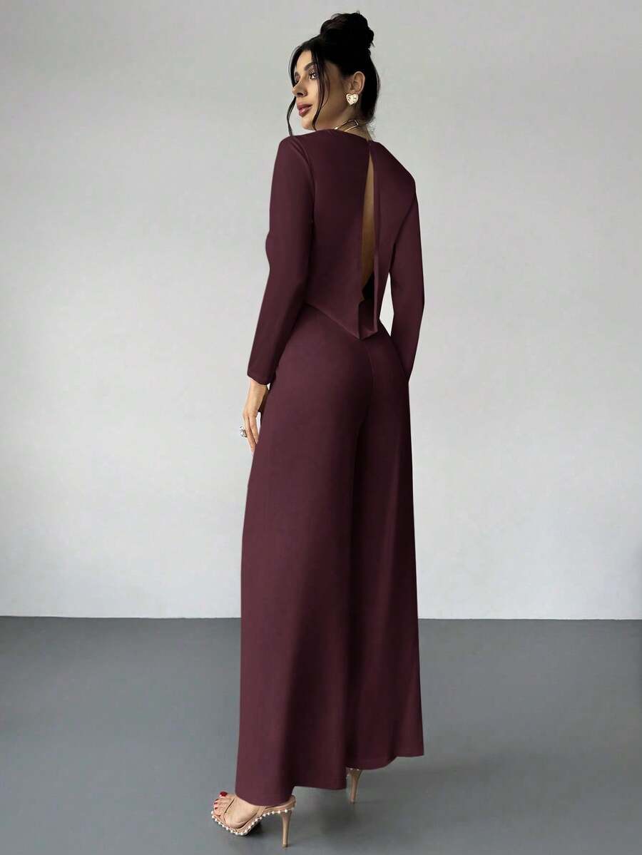 Firerie Elegant Burgundy Autumn Night Out Dinner Date Deep V-Neck Backless Waist-Cinched Long Sleeved Wide Leg Pants For Cocktail Evening Party Wedding